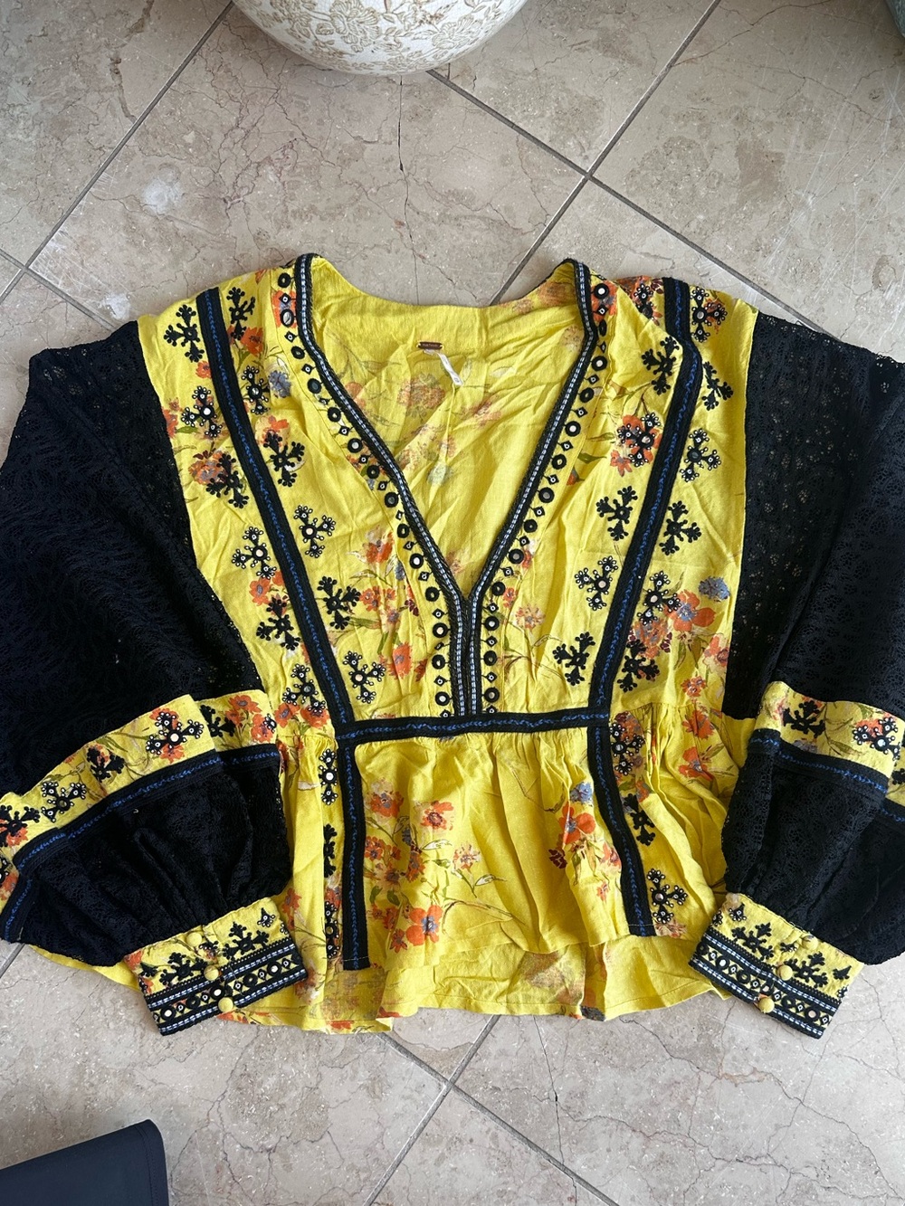 Free People Yellow & Black Embroidered Boho Tunic